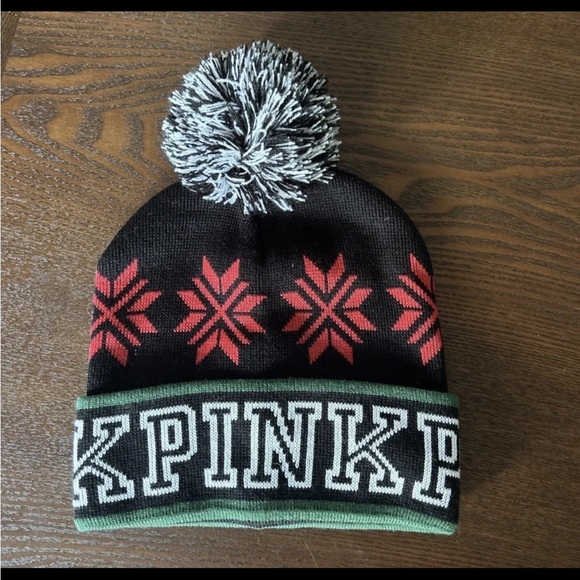Pink By Victoria Secret winter beanie black with red - Picture 1 of 3